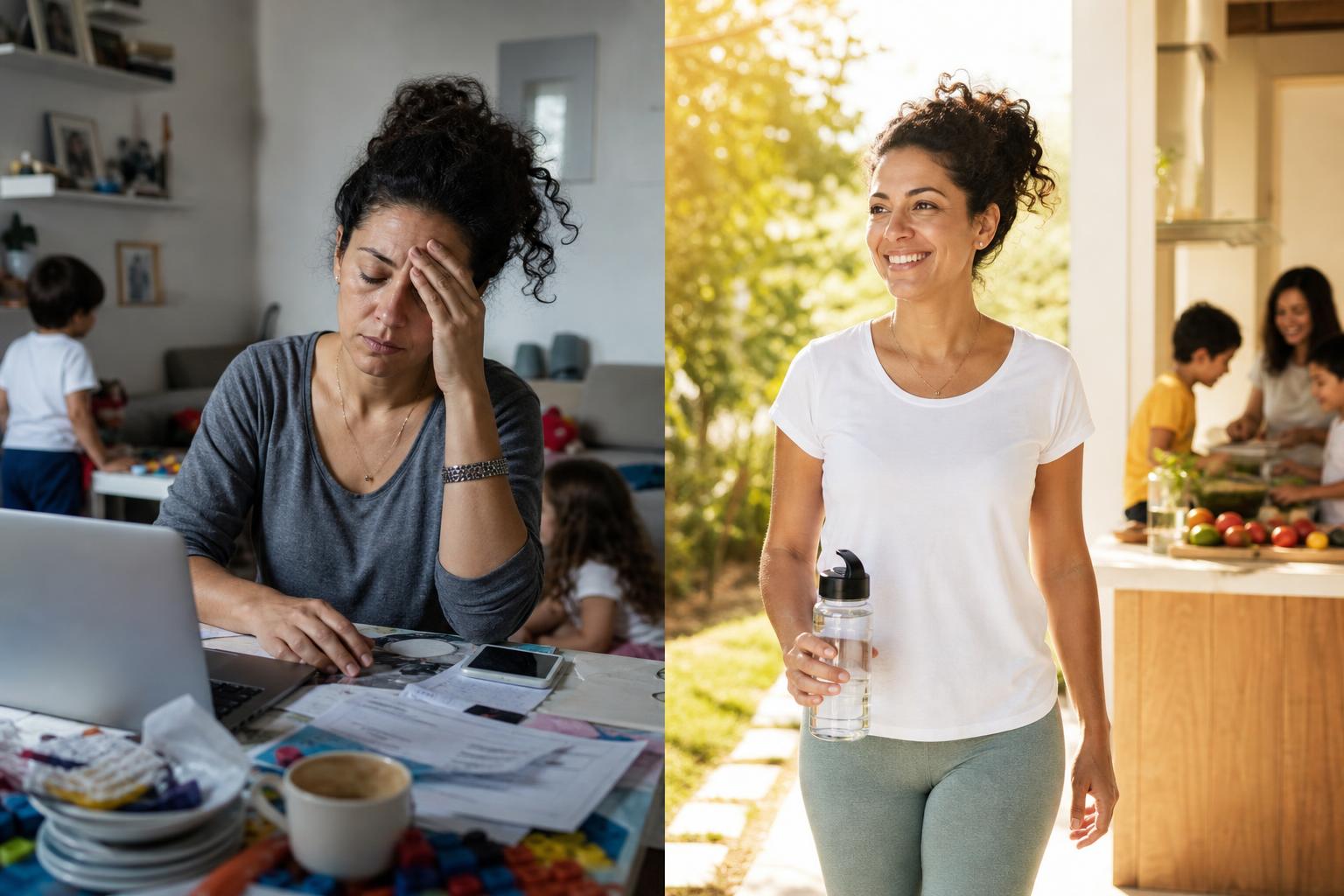 Antes e depois: mulher exausta na rotina de trabalho e casa, e a mesma mulher com energia, caminhando e feliz com a família