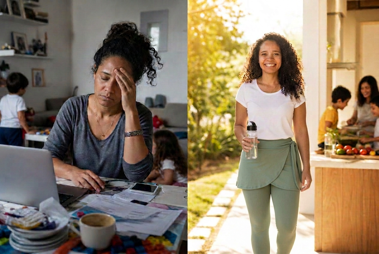 Antes e depois: mulher exausta na rotina de trabalho e casa, e a mesma mulher com energia, caminhando e feliz com a família